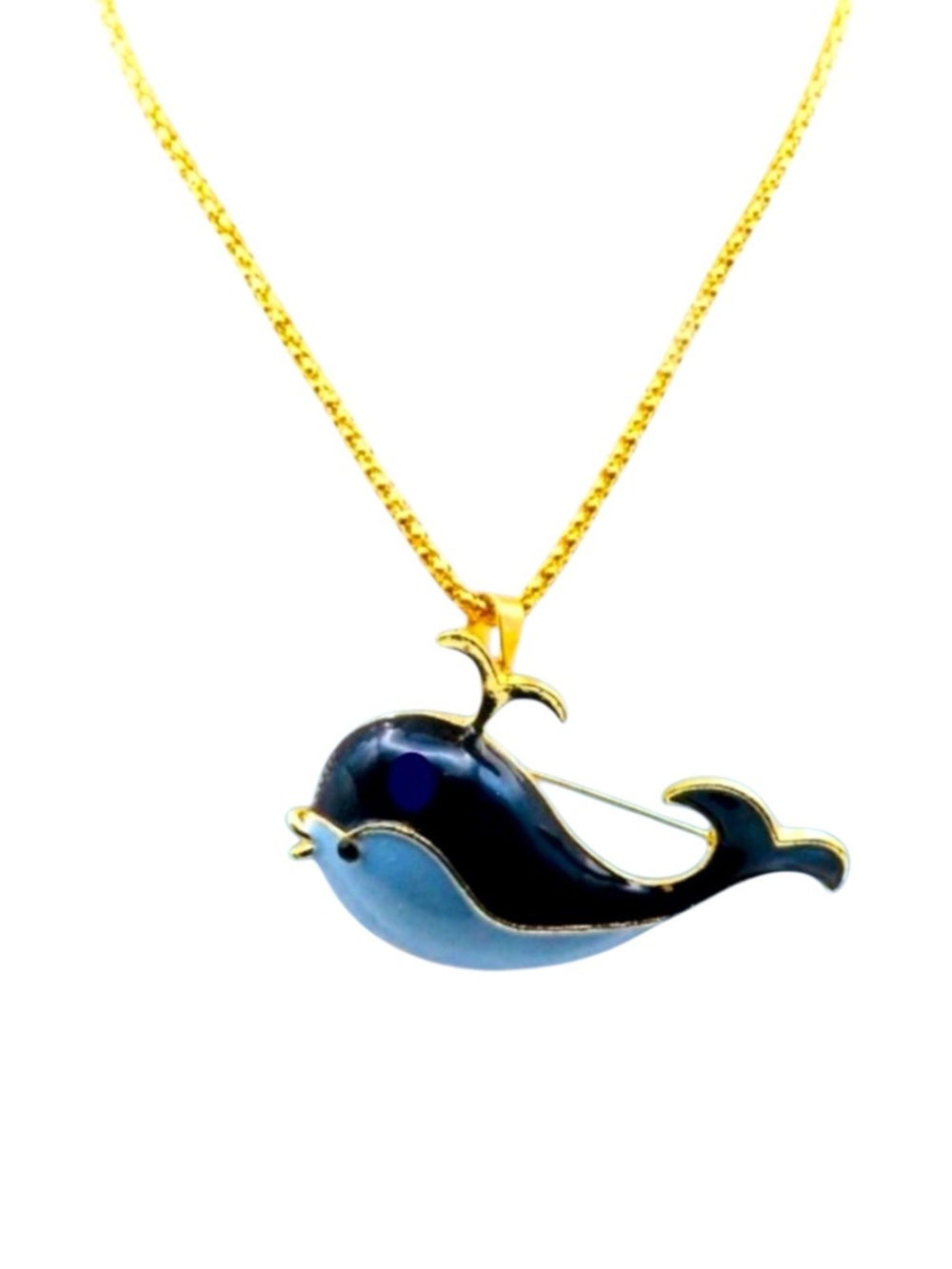 Whale Dolphin Combo Enamel Blue, White, & Gold Necklace Brooch Pin
